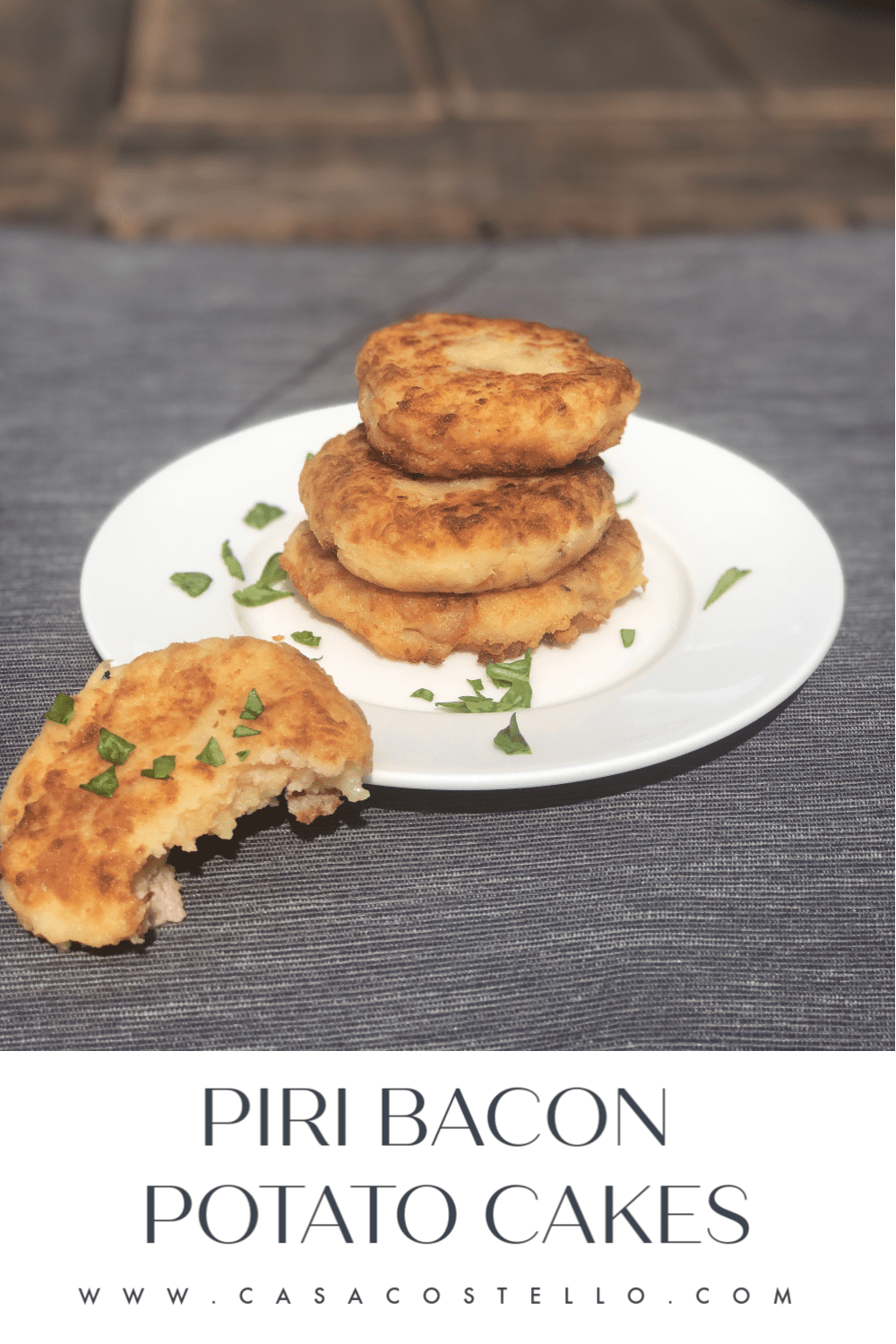 Pin image for Piri Bacon potato cakes on a white plate and grey background