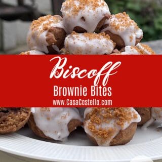 Title page for Biscoff brownie Bites with a red box