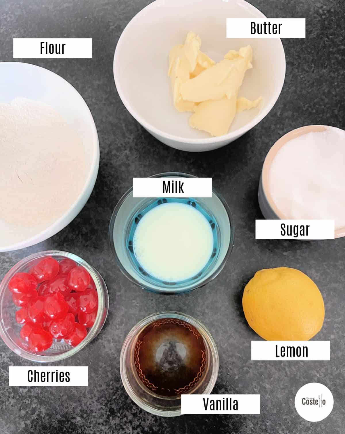 Selection of ingredients used to make Cherry Scones