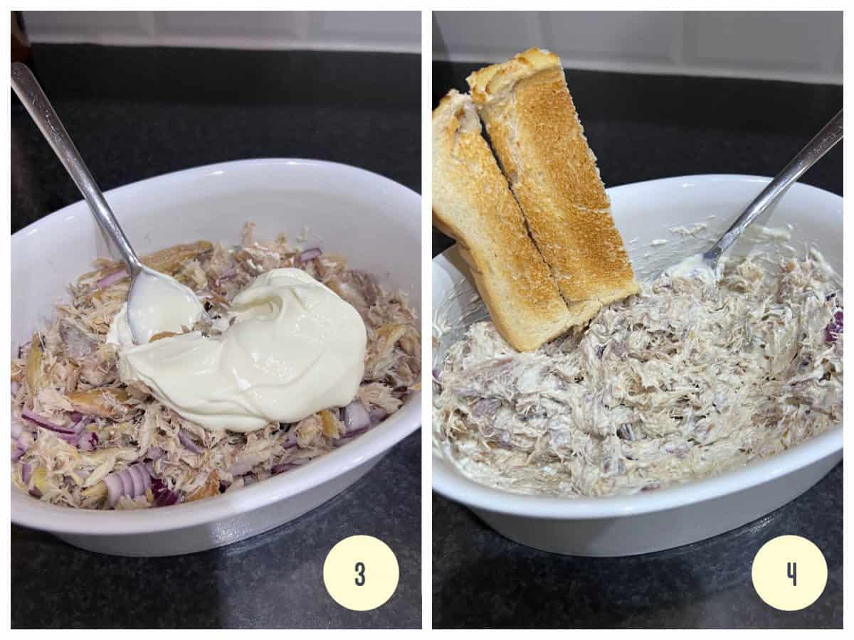 the final steps in making smoked mackerel pate showing the natural yogurt being added to the shredded mackerel in a white oval bowl and then the pate being served with toast