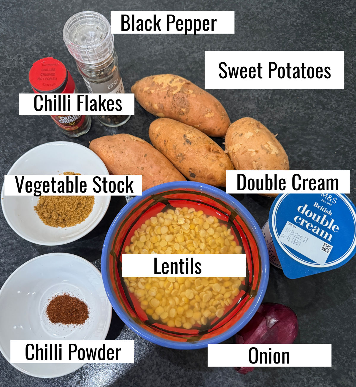Ingredients needed for Sweet Potato and Lentil Soup