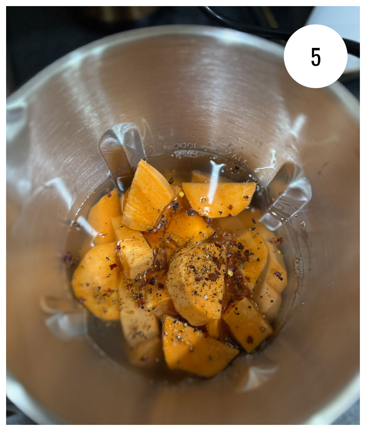 Add all the ingredients to a soup maker for Sweet Potato and Lentil Chilli Soup then add water to the max line